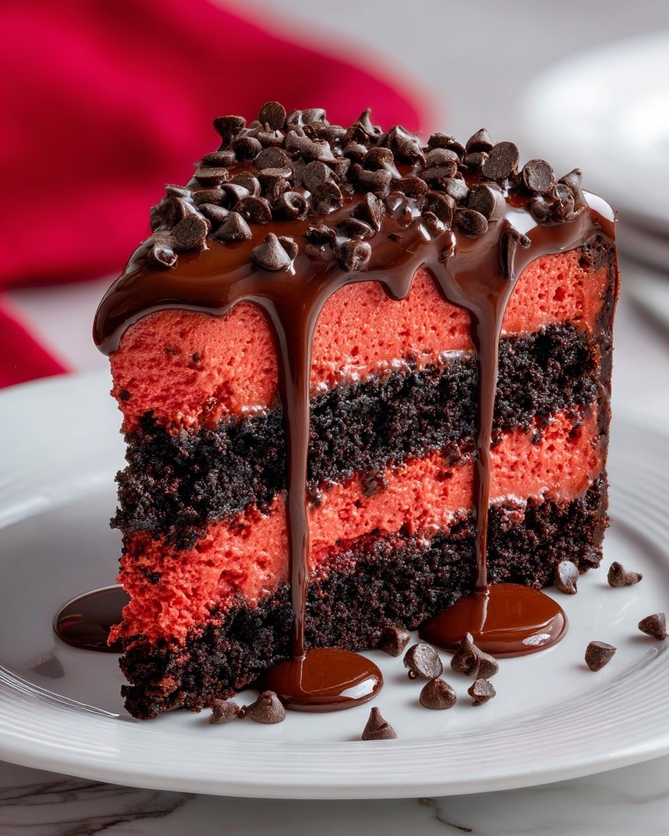 Red Velvet Cookie Dough Cheesecake Recipe - Recipe Image — Red Velvet Cookie Dough Cheesecake, red velvet cheesecake, no-bake cookie dough cheesecake, easy red velvet dessert, decadent cheesecake recipes