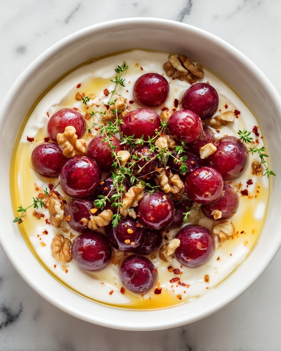 Whipped Feta with Roasted Grapes, Walnuts & Hot Honey Recipe - Recipe Image — Whipped Feta with Roasted Grapes Walnuts Hot Honey, roasted grape feta dip, whipped feta appetizer, hot honey cheese dip, easy gourmet cheese spread