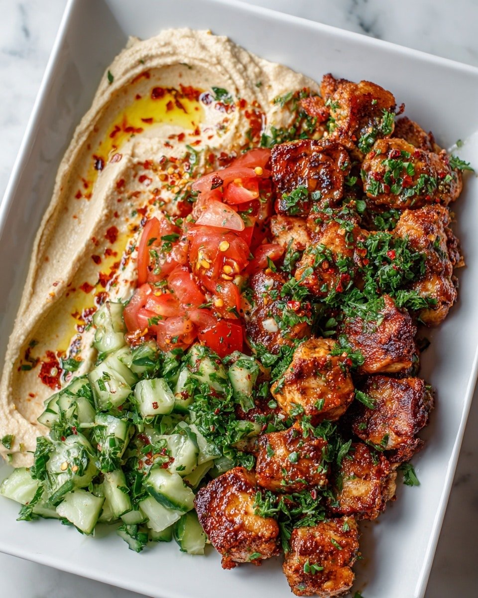 Spicy Garlic Chicken Bowl with Hummus & Cucumber Salad Recipe - Recipe Image — Spicy Garlic Chicken Bowl, Spicy Garlic Chicken Bowl with Hummus & Cucumber Salad, easy healthy chicken bowls, flavorful chicken grain bowl, quick summer chicken recipe