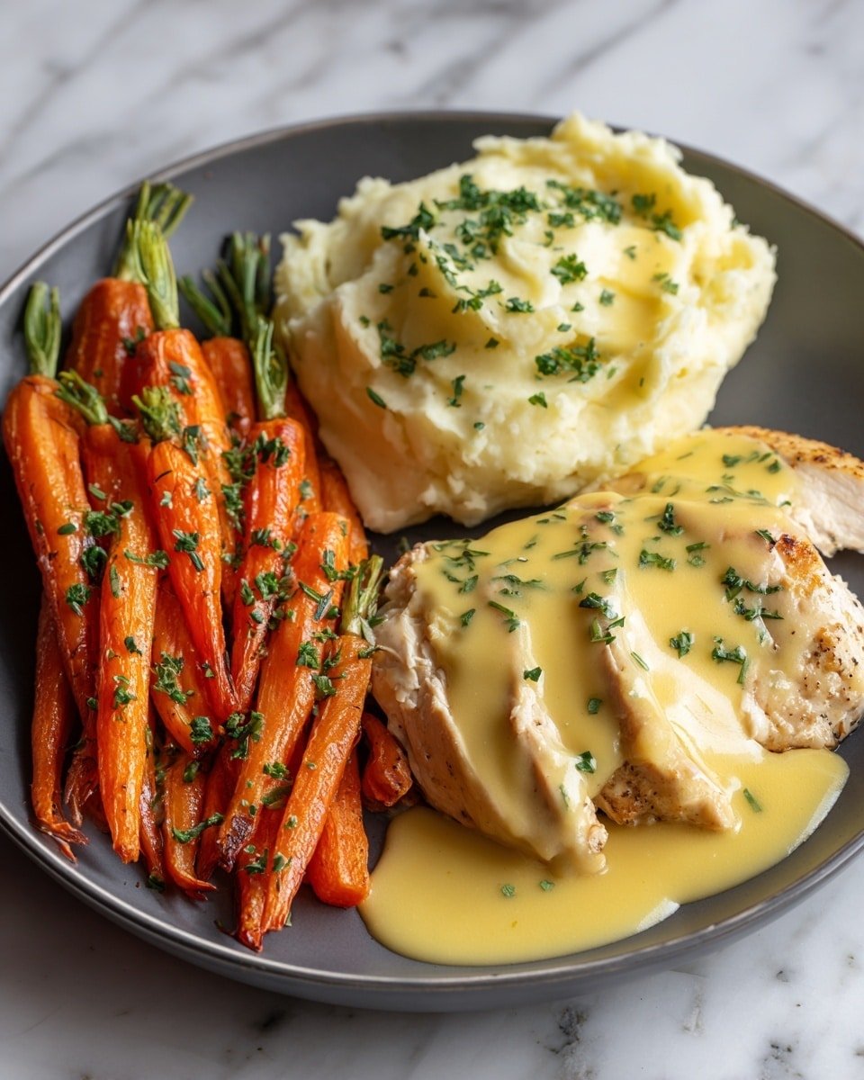 Creamy Herb Chicken with Mashed Potatoes and Glazed Carrots Recipe - Recipe Image — Creamy Herb Chicken with Mashed Potatoes and Glazed Carrots, comfort dinner recipes, easy chicken meal ideas, family-friendly dinner, savory chicken and vegetable dishes
