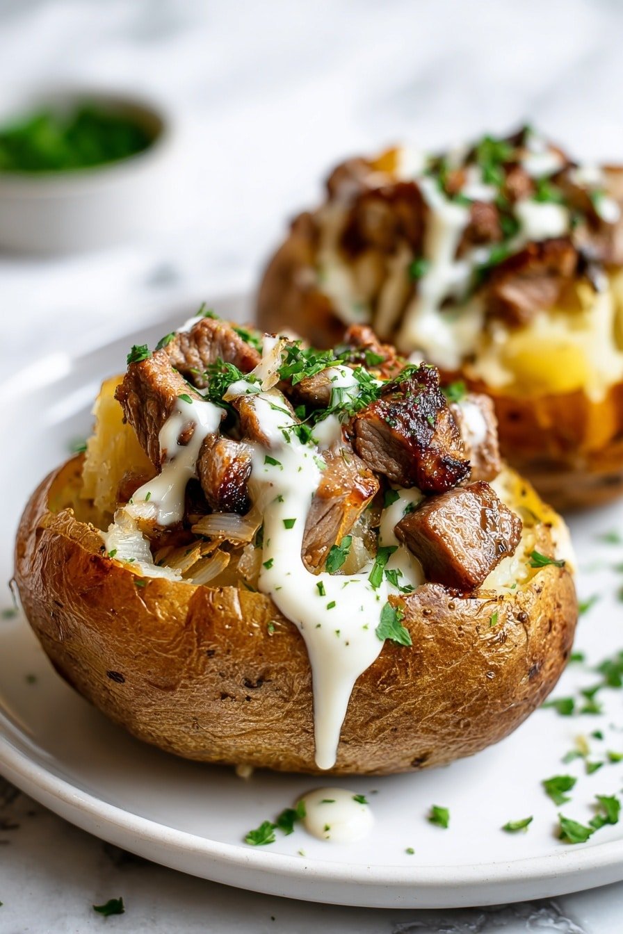 Steak Stuffed Potatoes with Parmesan Sauce Recipe - Article Image 1 — Steak Stuffed Potatoes with Parmesan Sauce, hearty steak potato dish, stuffed potato recipes, gourmet baked potatoes, savory steak and potato meal