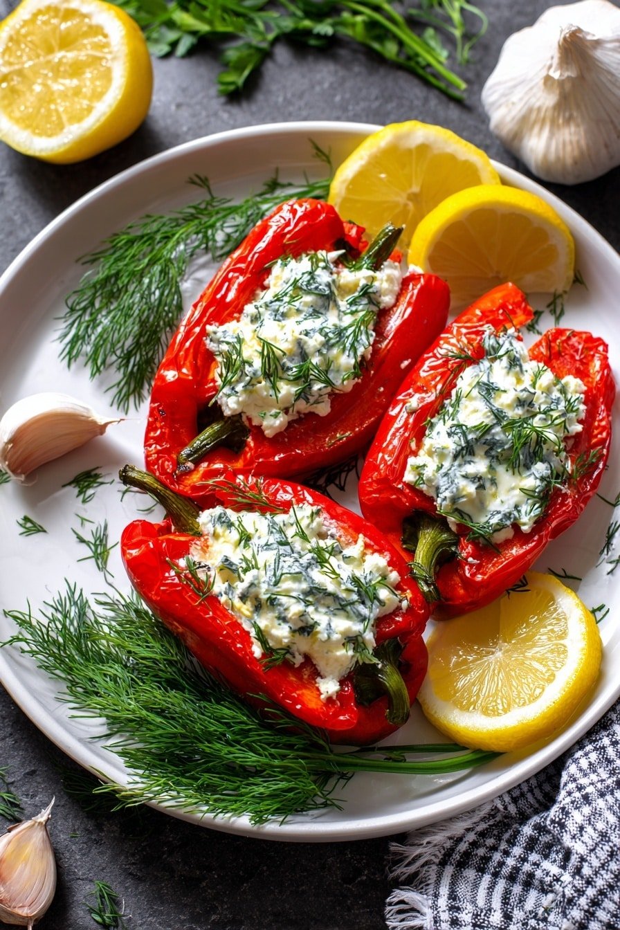 Feta Stuffed Peppers with Dill and Lemon Recipe - Article Image 1 — Feta Stuffed Peppers with Dill and Lemon, stuffed pepper recipes, feta cheese stuffed peppers, healthy stuffed peppers, lemon dill vegetarian main dish