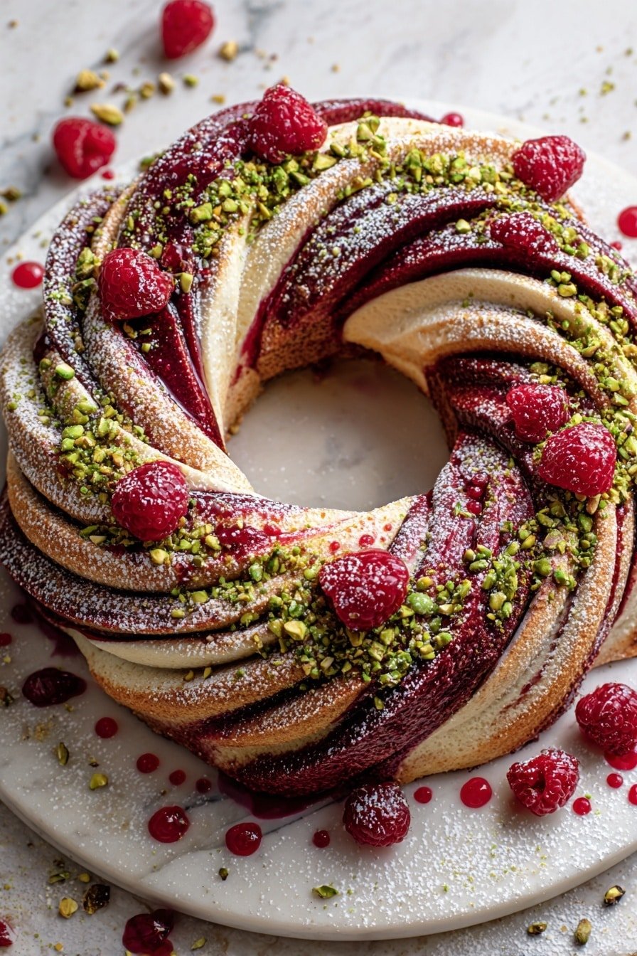 Raspberry Pistachio Wreath Recipe - Article Image 1 — Raspberry Pistachio Wreath, raspberry pistachio bread, festive breakfast pastry, easy holiday brunch ideas, fruit and nut wreath