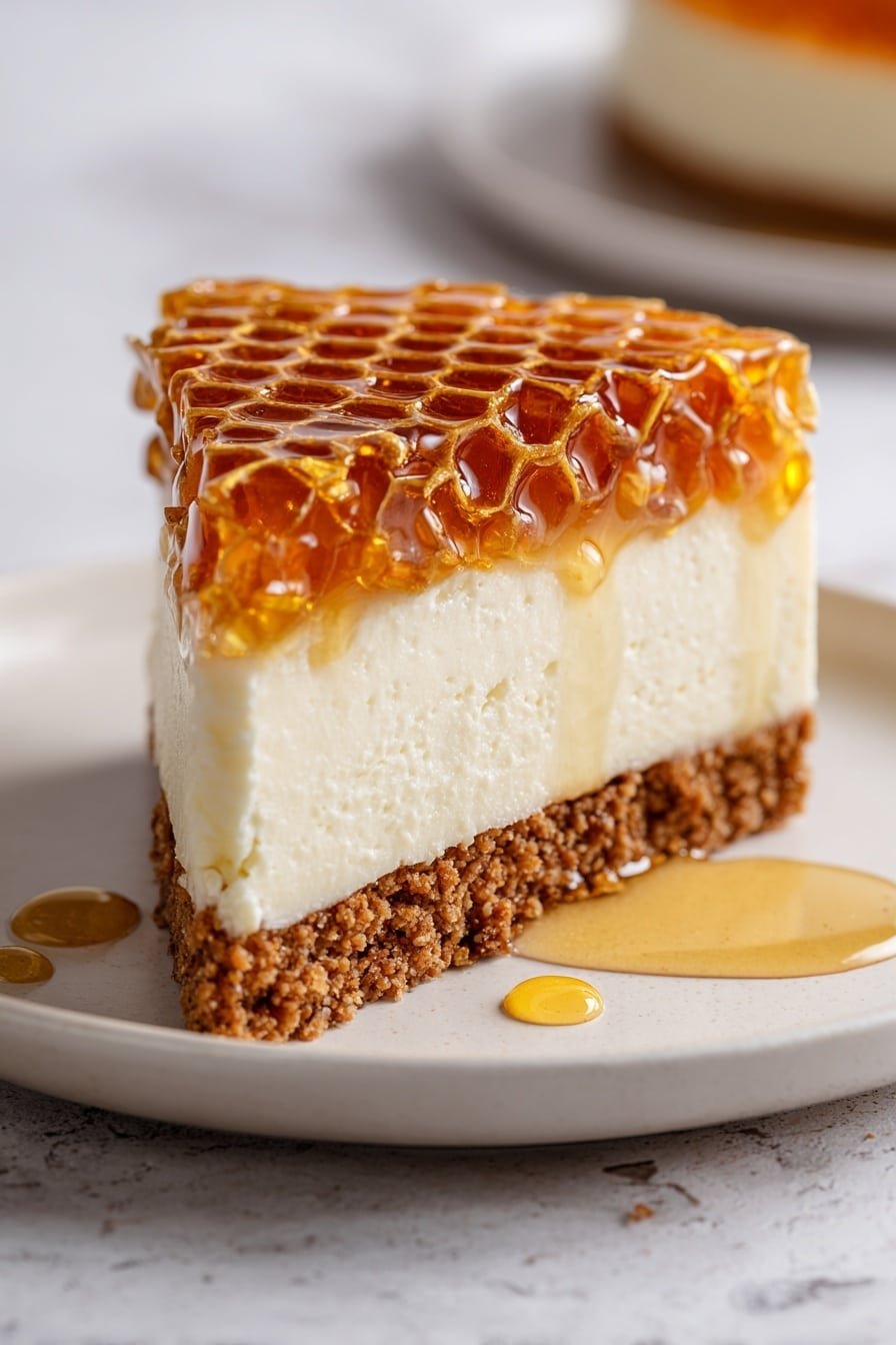 Lemon Lavender Cheesecake with Honeycomb Recipe - Article Image 1 — Lemon Lavender Cheesecake with Honeycomb, Lemon Lavender Cheesecake, Floral Lemon Cheesecake, Honeycomb Topped Cheesecake, Elegant Spring Cheesecake