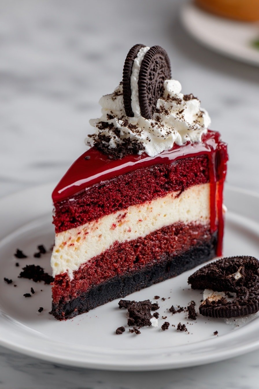 Red Velvet Oreo Cheesecake Recipe - Article Image 2 — Red Velvet Oreo Cheesecake, Red Velvet Oreo Cheesecake recipe, Oreo cheesecake with red velvet flavor, indulgent red velvet dessert, homemade Oreo cheesecake with velvet twist