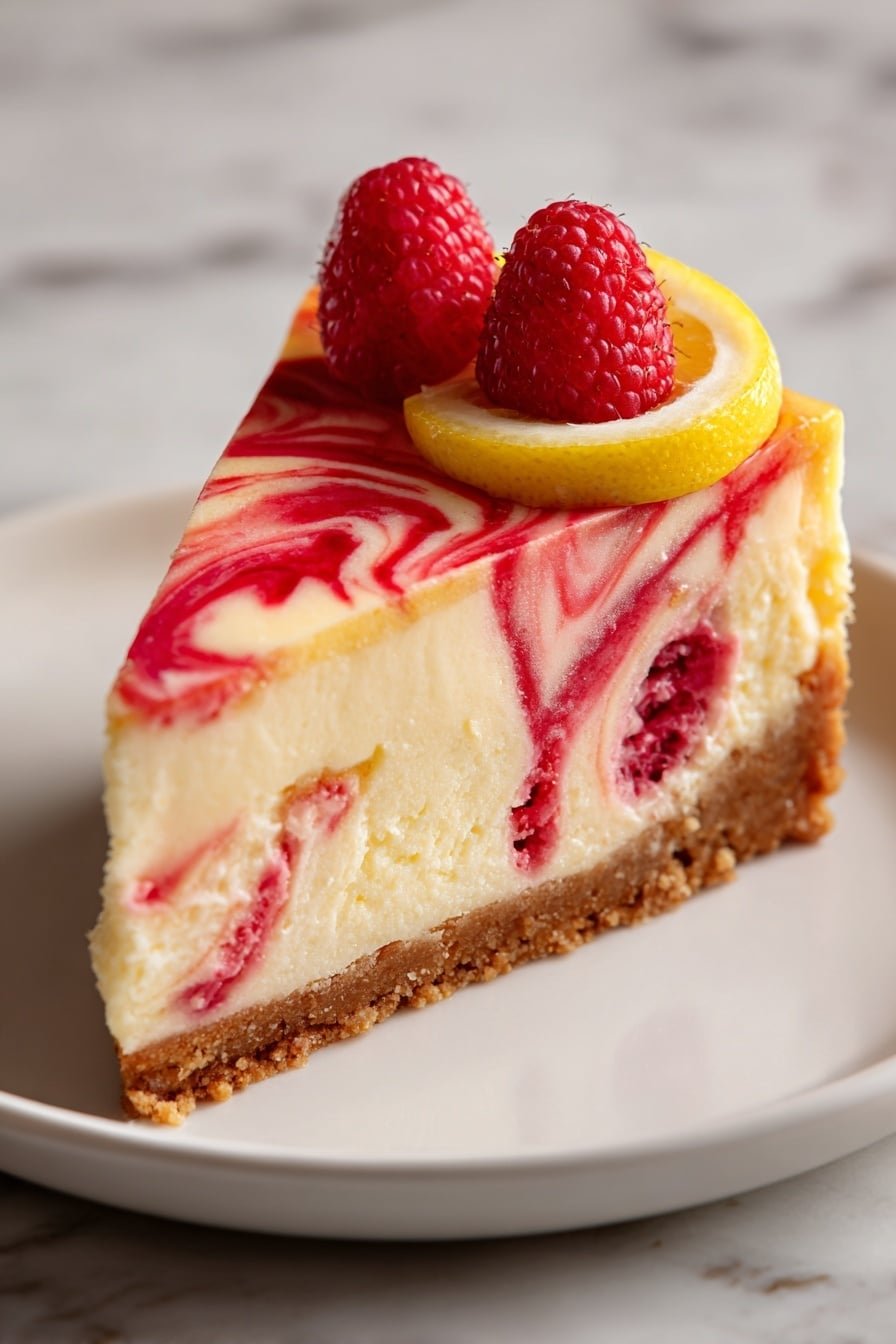 Lemon Raspberry Swirl Cheesecake Recipe - Article Image 1 — Lemon Raspberry Swirl Cheesecake, lemon raspberry cheesecake, citrus berry dessert, no-bake cheesecake with raspberry, elegant summer dessert