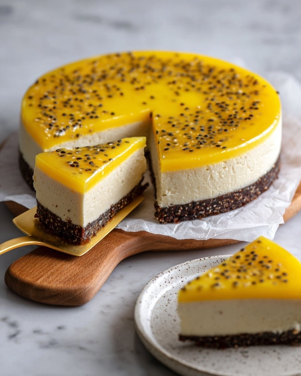 A round cheesecake with three visible layers sits on white parchment paper on a wooden board placed on a white marbled surface. The bottom layer is thick and dark brown with a crumbly texture, acting as the crust. The middle layer is thick and creamy pale beige with a smooth soft surface. The top layer is a glossy bright yellow topping scattered with small round black seeds, evenly spread. One slice is being lifted by a gold spatula, showing clean edges and clear layers. In the bottom right corner, a slice sits on a speckled white plate on the white marbled surface. The scene is warmly lit, highlighting the shiny yellow topping. photo taken with an iphone --ar 4:5 --v 7 — Passionfruit Cheesecake, Tropical Cheesecake Recipe, Easy Cheesecake with Passionfruit, No-Bake Passionfruit Dessert, Summer Cheesecake Ideas
