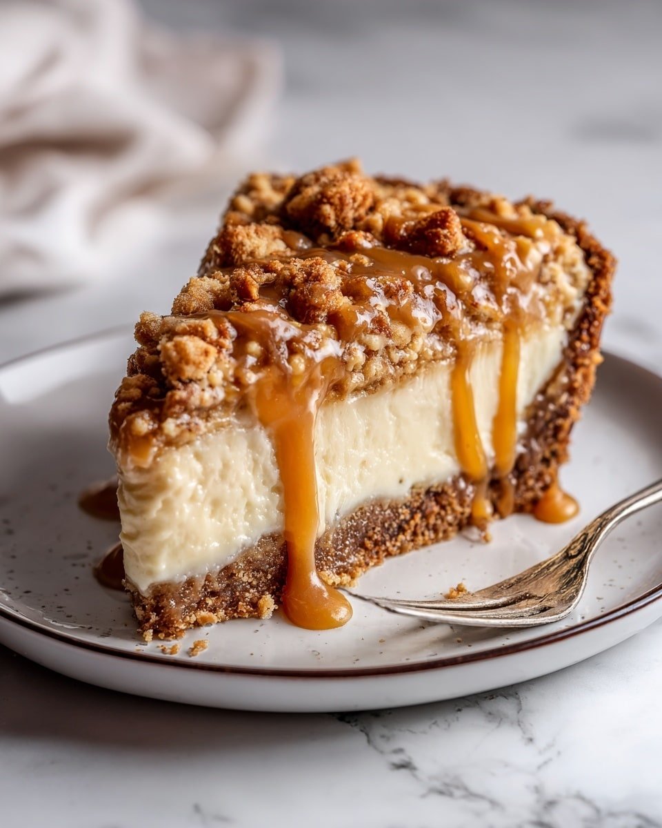 A slice of pie with three visible layers sits on a white plate with a dark rim, placed on a white marbled surface. The bottom layer is a thick, crumbly brown crust. Above this is a creamy, light beige filling with a smooth texture. The top layer consists of a crunchy crumb topping mixed with small beige chunks and drizzled with a rich, glossy caramel sauce that flows slightly over the edges. A silver fork lies next to the pie slice with a little caramel on its tines. photo taken with an iphone --ar 4:5 --v 7 — Salted Caramel Apple Pie Cheesecake, salted caramel apple pie dessert, apple cheesecake with caramel, cozy autumn dessert recipes, easy apple pie cheesecake