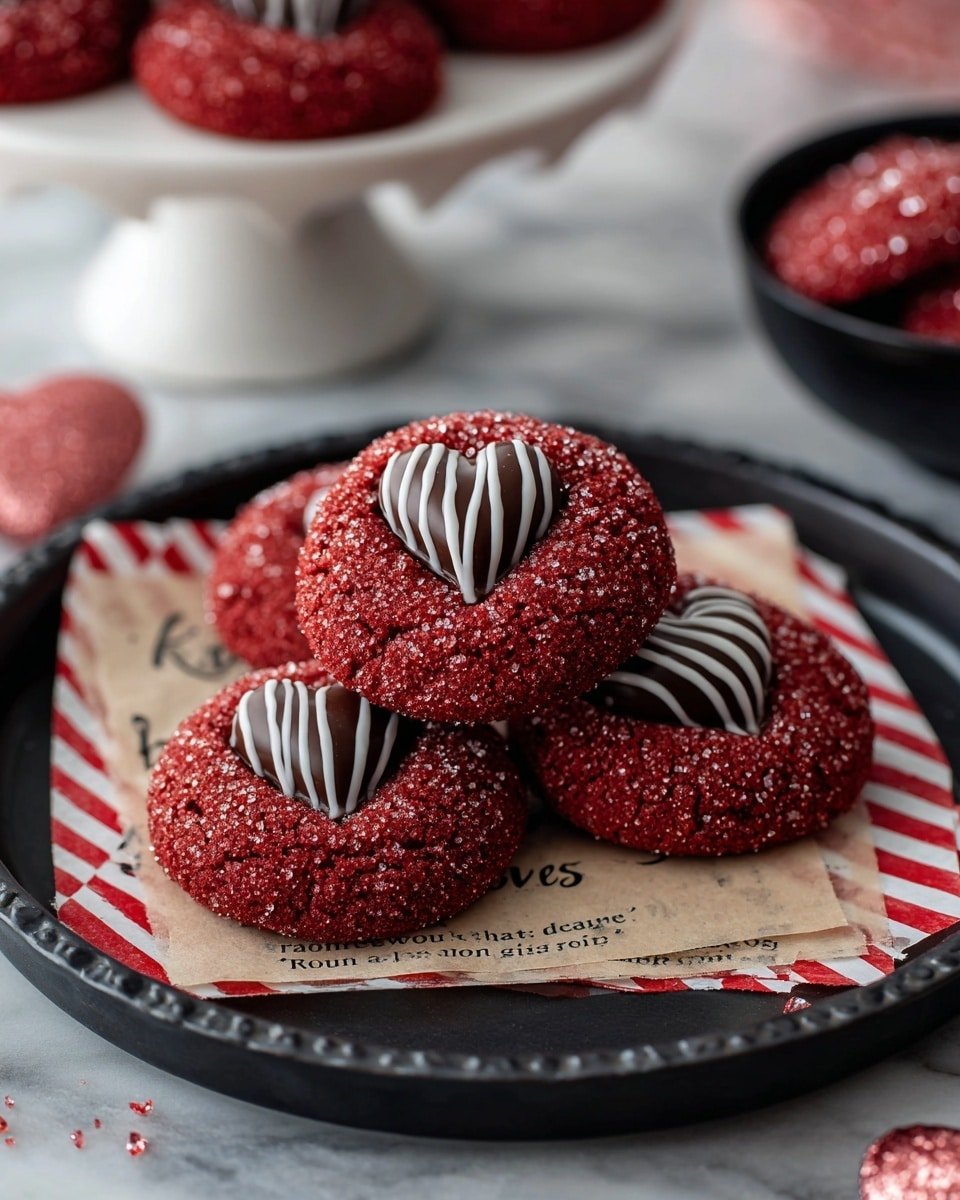 The image shows four red cookies on a black tray, each with a white and red striped kiss chocolate in the middle. The cookies are round with a rough, sugary texture and deep red color. They rest on two layers of paper underneath, the top paper with red and white diagonal stripes and the one under it beige with text. The tray is placed on a white marbled surface. In the blurred background, you can see more red cookies on a white cake stand and a black bowl filled with more kiss chocolates. Photo taken with an iphone --ar 4:5 --v 7 — Red Velvet Blossoms, Red Velvet Blossoms recipe, holiday cookies, festive cookie ideas, chocolate mint kisses