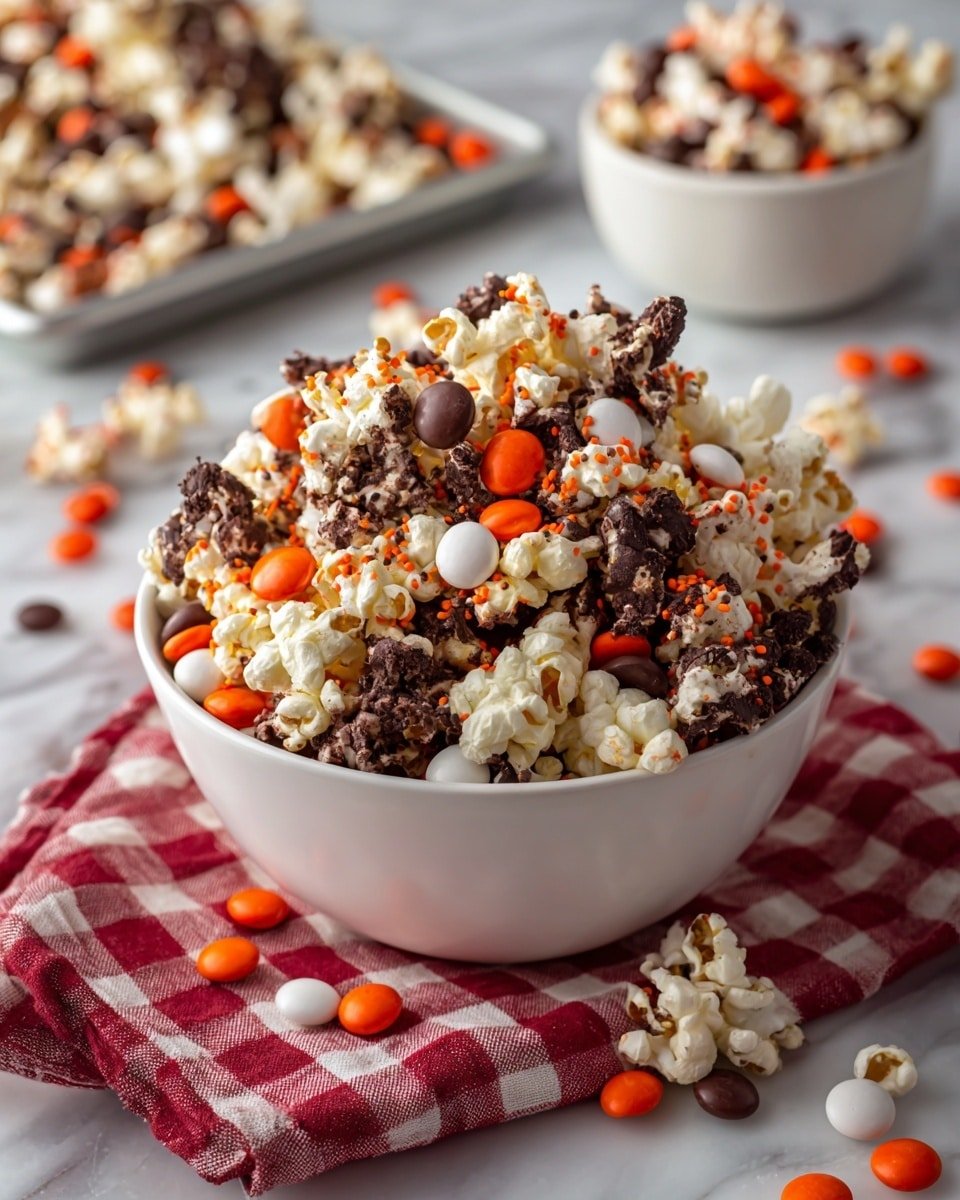 Halloween Popcorn with M&M's, Oreos, and White Chocolate Recipe - Recipe Image — Halloween Popcorn with M&M's, Oreos, and White Chocolate, festive Halloween popcorn, easy Halloween snack ideas, Halloween party treat, seasonal popcorn recipe