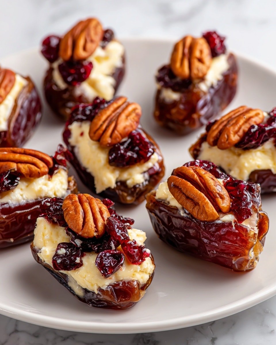 Cranberry Pecan Cream Cheese Stuffed Dates Recipe - Recipe Image — Cranberry Pecan Cream Cheese Stuffed Dates, Stuffed Dates with Cranberries and Pecans, Festive date snack recipes, Easy stuffed dates, Elegant appetizer ideas