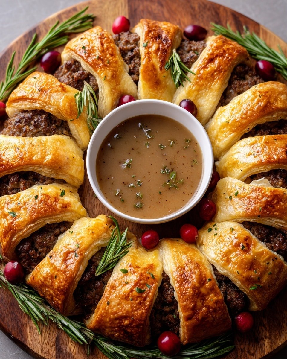 Beef Wellington Wreath with Red Wine Reduction Recipe - Recipe Image — Beef Wellington Wreath with Red Wine Reduction, festive beef Wellington wreath, elegant beef appetizer, holiday beef centerpiece, savory beef pastry dish