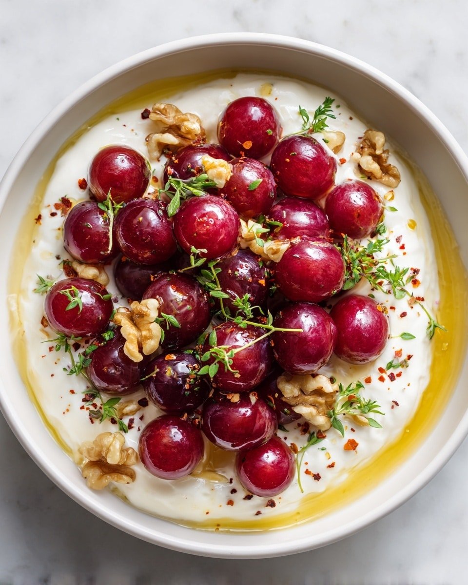 Whipped Feta with Roasted Grapes, Walnuts & Hot Honey Recipe - Recipe Image — Whipped Feta with Roasted Grapes Walnuts Hot Honey, roasted grape feta dip, whipped feta appetizer, hot honey cheese dip, easy gourmet cheese spread