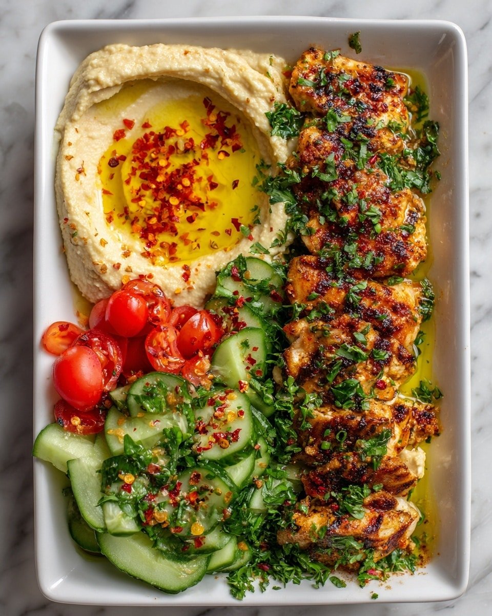 Spicy Garlic Chicken Bowl with Hummus & Cucumber Salad Recipe - Recipe Image — Spicy Garlic Chicken Bowl, Spicy Garlic Chicken Bowl with Hummus & Cucumber Salad, easy healthy chicken bowls, flavorful chicken grain bowl, quick summer chicken recipe