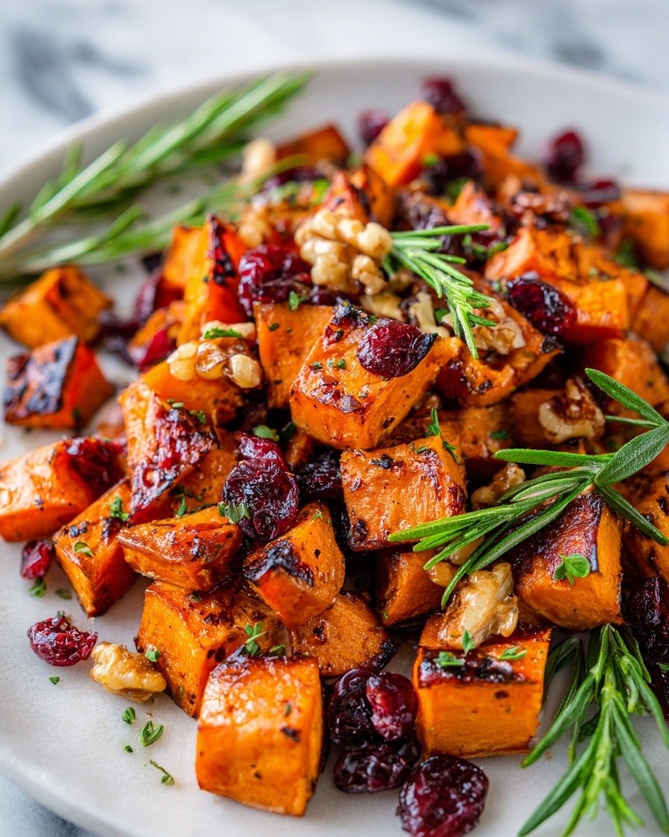 Maple Roasted Sweet Potatoes with Cranberries and Walnuts Recipe - Recipe Image — Maple Roasted Sweet Potatoes with Cranberries and Walnuts, roasted sweet potato side dish, healthy sweet potato recipes, holiday side dishes, festive vegetable sides