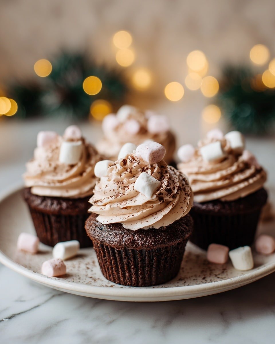 Hot Chocolate Cupcakes Recipe - Recipe Image — Hot Chocolate Cupcakes, chocolate cupcake recipe, moist hot chocolate cupcakes, whipped frosting cupcakes, cozy chocolate dessert