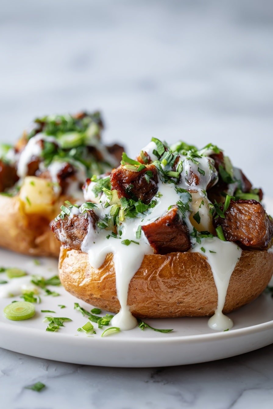 Steak Stuffed Potatoes with Parmesan Sauce Recipe - Article Image 2 — Steak Stuffed Potatoes with Parmesan Sauce, hearty steak potato dish, stuffed potato recipes, gourmet baked potatoes, savory steak and potato meal
