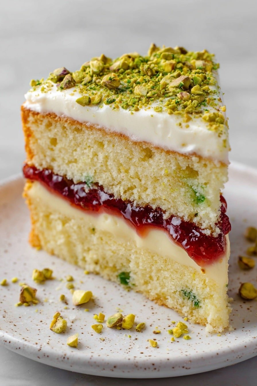 Pistachio Raspberry Cake Recipe - Article Image 1 — Pistachio Raspberry Cake, easy pistachio raspberry cake, pistachio raspberry dessert, homemade pistachio raspberry cake, festive raspberry pistachio cake