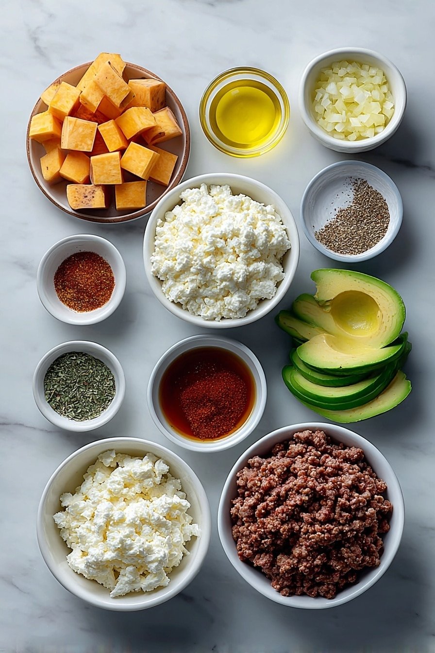 Ground Beef Sweet Potato Bowl with Hot Honey Recipe - Ingredients Image — Ground Beef Sweet Potato Bowl with Hot Honey, healthy sweet potato bowls, easy ground beef dinner, comforting weeknight meals, flavorful sweet potato recipes