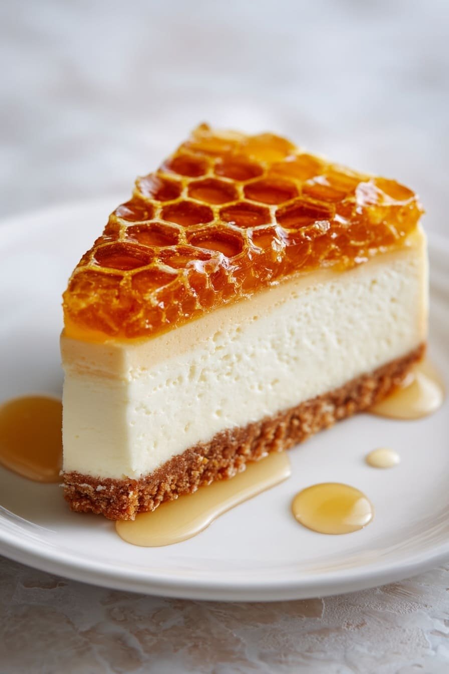 Lemon Lavender Cheesecake with Honeycomb Recipe - Article Image 2 — Lemon Lavender Cheesecake with Honeycomb, Lemon Lavender Cheesecake, Floral Lemon Cheesecake, Honeycomb Topped Cheesecake, Elegant Spring Cheesecake