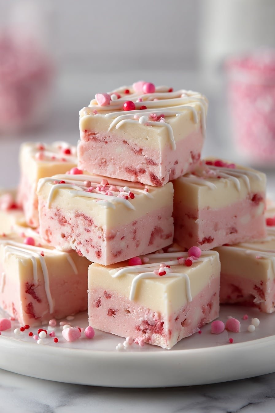 Valentine’s Sugar Cookie Fudge Recipe - Article Image 2 — Valentine’s Sugar Cookie Fudge, easy Valentine’s Day fudge, homemade holiday fudge, festive sugar cookie treats, quick Valentine’s dessert