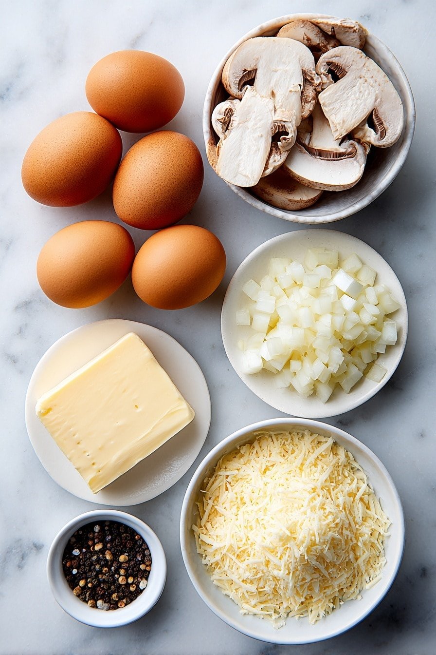 Mushroom Egg Omelet Recipe - Ingredients Image — Mushroom Egg Omelet, Mushroom Egg Omelet recipe, easy mushroom omelet breakfast, savory mushroom and egg dish, quick mushroom omelet