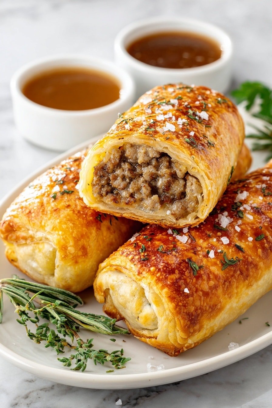 A white plate holds three golden brown pastry rolls, two whole and one cut open to show a meaty filling inside. The pastry is crispy with a shiny surface sprinkled with herbs and coarse salt. The filling looks dense and well cooked, with a mixture of brown and beige tones. Fresh green herb sprigs lie beside the rolls. In the background, there are two small white bowls filled with brown sauces. The whole setup rests on a white marbled surface. photo taken with an iphone --ar 2:3 --v 7 — French Onion Sausage Rolls, French Onion Sausage Rolls Recipe, savory sausage and onion pastry, easy French onion sausage appetizer, comfort food sausage rolls