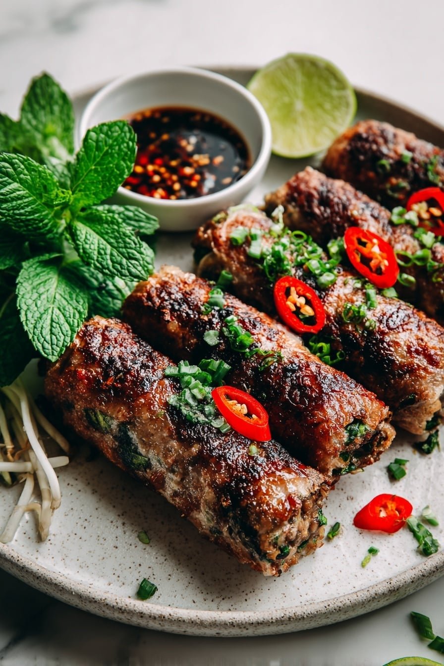 The image shows five grilled rolls placed side by side on a round white plate with a slightly rough texture. Each roll has a browned, slightly charred outer layer, giving a crispy look, and the filling shows hints of green herbs and spinach inside. Bright red chili slices and chopped green herbs are scattered on top of the rolls and around the plate for garnish. In the background, a small white bowl holds a dark dipping sauce with visible chili seeds and chopped chilies, and there is a half lime resting beside it. A sprig of fresh green mint leaves is also placed on top of the rolls for decoration, all set on a white marbled surface. Photo taken with an iphone --ar 2:3 --v 7 — Thai Basil Beef Spring Rolls, Thai Basil Beef Spring Rolls recipe, Thai spring rolls with beef and basil, easy Thai spring roll recipe, Thai beef and herb wraps