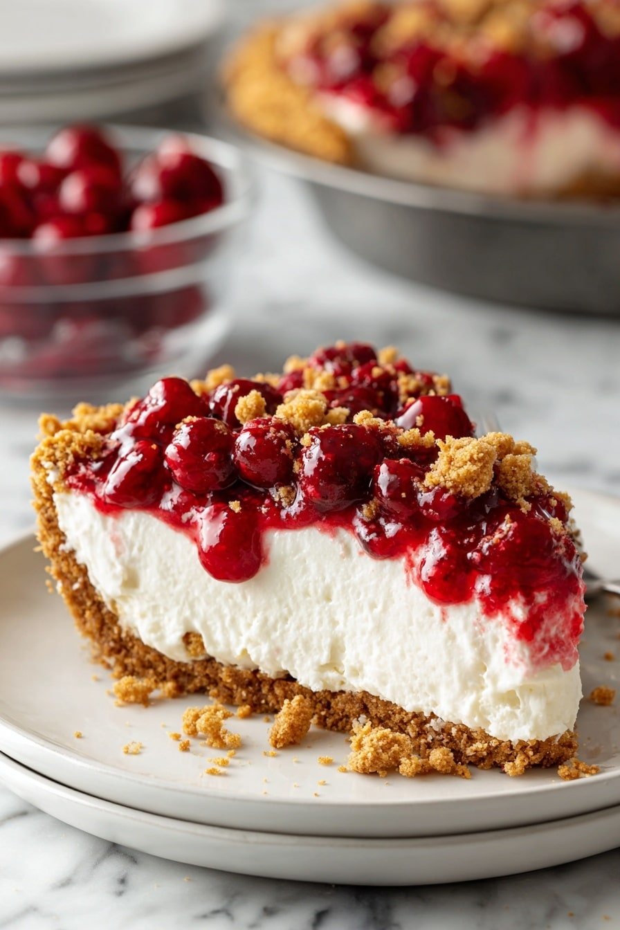 A slice of pie with three layers is shown on a white plate. The bottom layer is a thick, crumbly brown crust. The middle layer is creamy white and smooth, looking soft and fluffy. The top layer is made of bright red berries mixed with a crumbly topping that is brown and sprinkled lightly with powdered sugar. Some crumbs fall on the plate around the slice. In the background, there is a full pie and a small bowl of fresh red berries, all set on a white marbled surface. photo taken with an iphone --ar 2:3 --v 7 — Cranberry Cream Cheese Pie, cranberry dessert recipes, easy holiday pie, creamy fruit pie, how to make cranberry pie