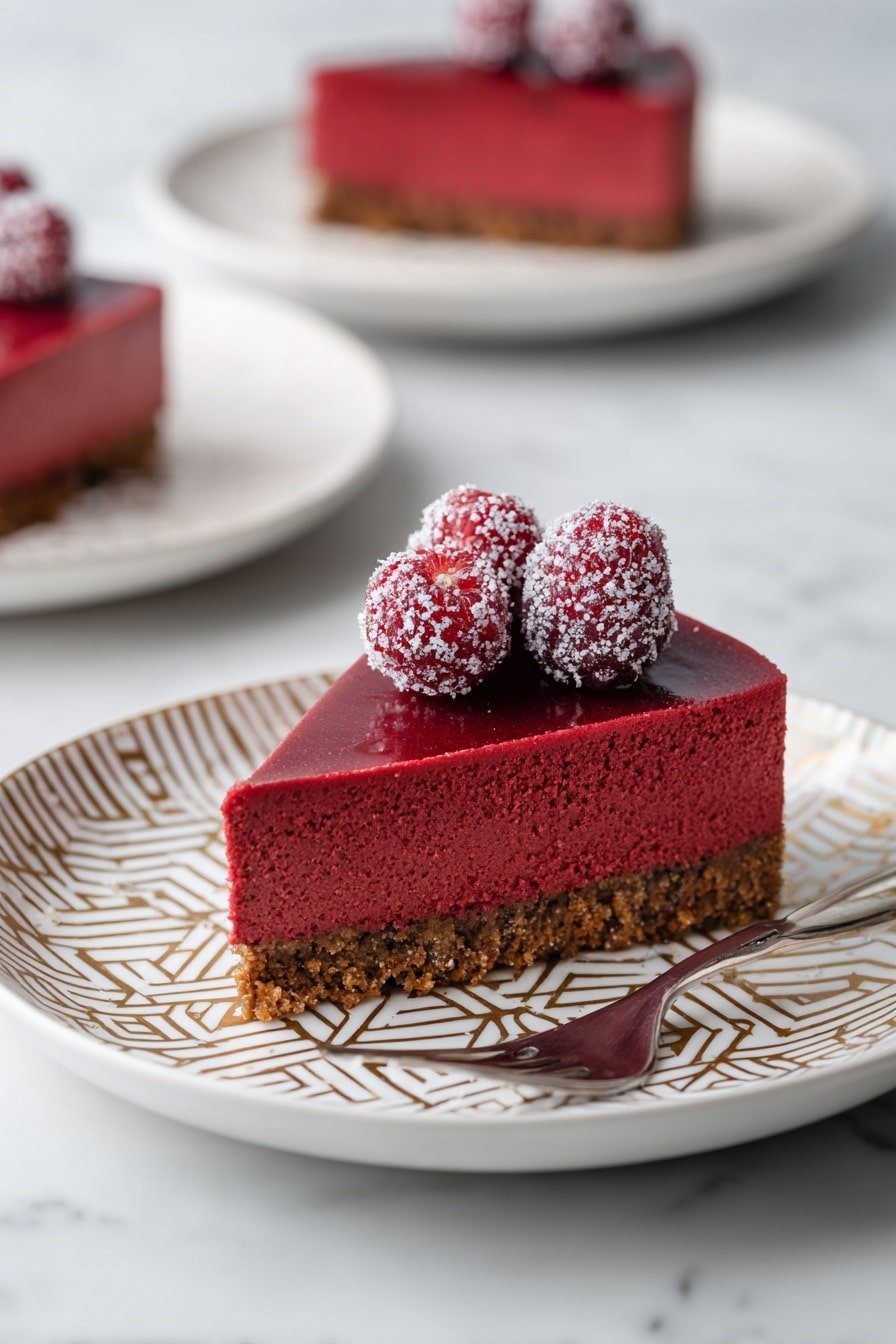 A dessert tart with three visible layers sits on a white cloth over a dark wooden surface. The bottom layer is a golden-brown crust with a slightly rough texture and scalloped edges. The middle layer is a smooth, bright pink filling that looks creamy and thick. On top, there is a pile of small, round red berries dusted evenly with white powdered sugar, creating a frosty look. A few berries are scattered around the tart on the cloth and wooden surface. In the background, two bright pink flowers add a splash of color. Photo taken with an iphone --ar 2:3 --v 7 — Cranberry Gingersnap Pie, festive cranberry dessert, holiday pie recipe, easy fruit pie, spiced cranberry dessert