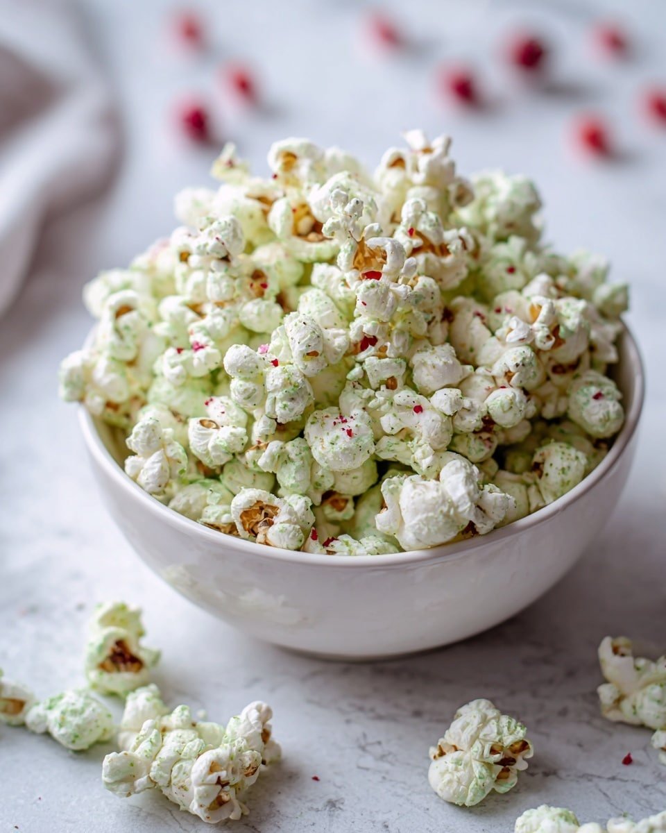 Grinch Popcorn Recipe - Recipe Image — Grinch Popcorn, festive popcorn treats, holiday snack ideas, Christmas popcorn recipes, easy holiday snacks