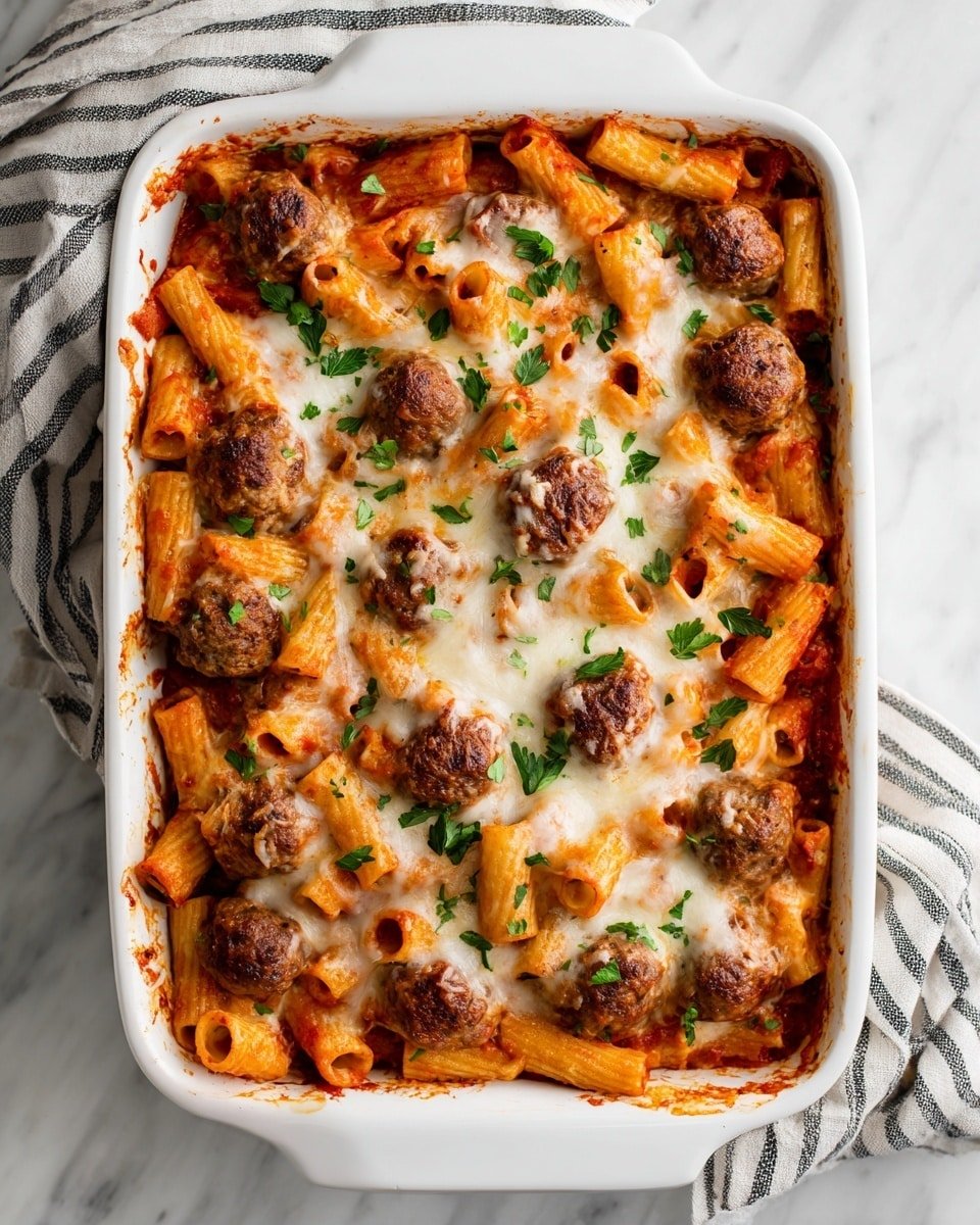 A white baking dish holds a layered pasta bake with rigatoni pasta coated in a rich red tomato sauce as the base layer, topped with evenly spaced browned meatballs. Over the pasta and meatballs is a layer of melted cheese, browned in spots with a soft, stringy texture. Small sprigs of fresh green parsley are scattered on top, adding color. The dish sits on a white marbled surface with a striped cloth nearby, and some green leaves are visible on the side. photo taken with an iphone --ar 4:5 --v 7 — Baked Ziti with Meatballs, baked ziti casserole, cheesy baked pasta, Italian meatball bake, comforting pasta dish