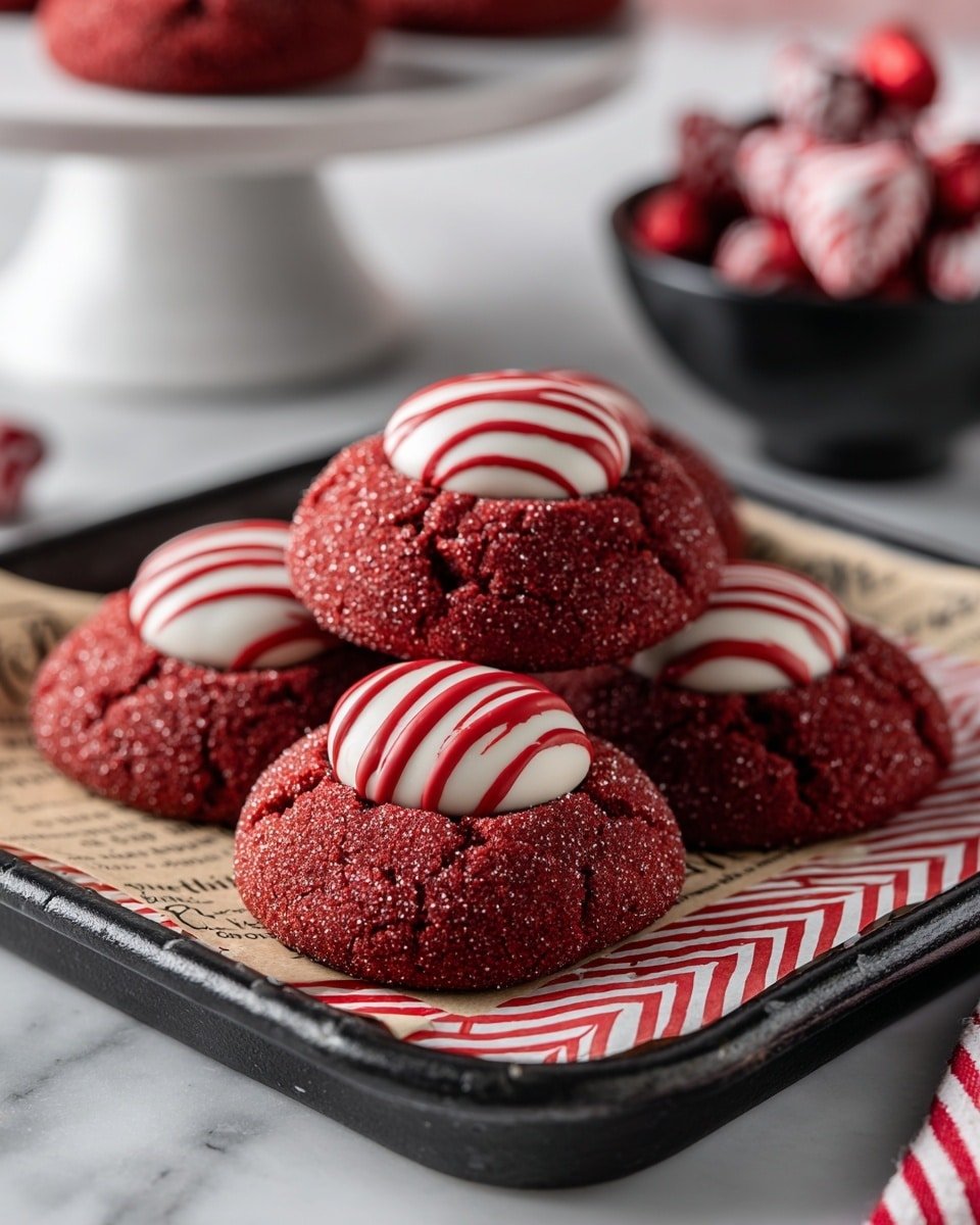 The image shows a close-up of four round, red cookies with a rough texture, each topped with a white and red swirled candy that looks like a kiss, sitting on a white lace doily over a red and white striped paper on a dark tray. Behind them, there is a white cake stand holding more of the same red cookies with the candies on top. In the background, a clear jar filled with milk has two light brown sticks coming out of it, and next to it is a dark bowl full of wrapped candies with white and red wrappers, all on a white marbled surface. The photo was taken with an iphone --ar 4:5 --v 7 — Red Velvet Blossoms, Red Velvet Blossoms recipe, holiday cookies, festive cookie ideas, chocolate mint kisses