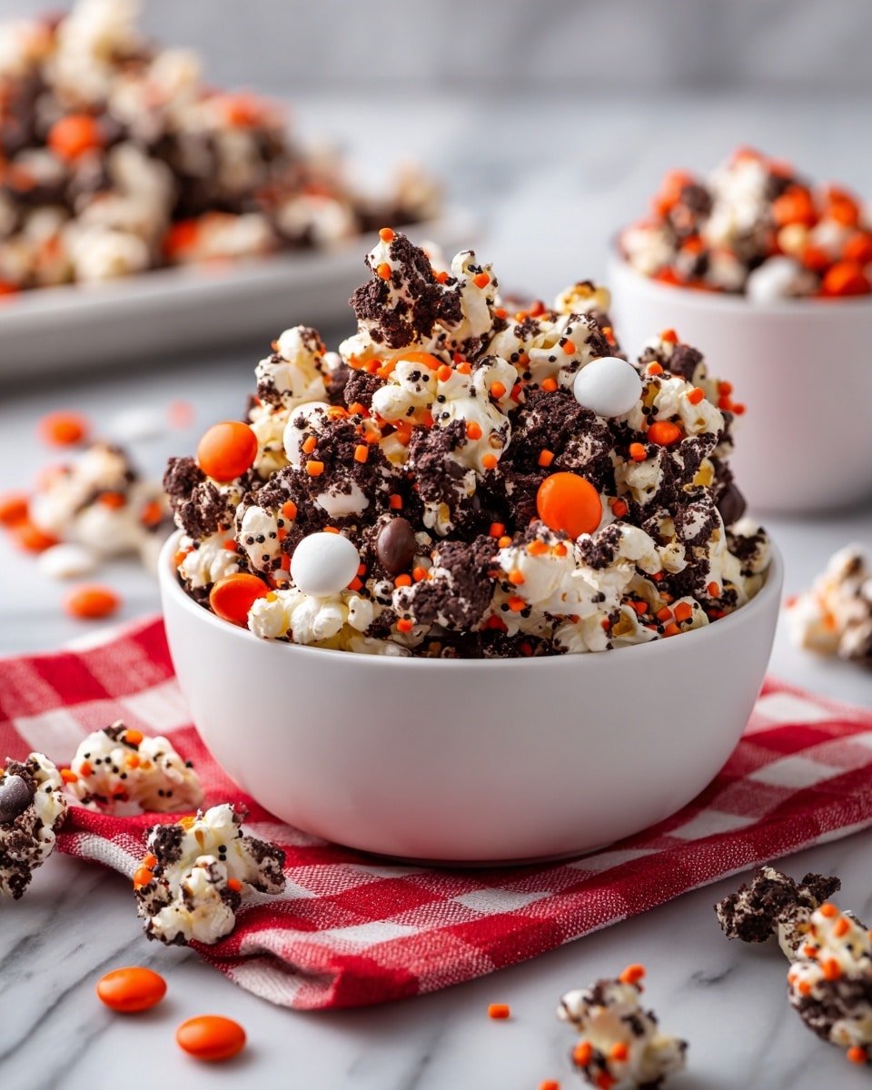 A white bowl is full and piled high with popcorn pieces covered in dark chocolate cookie crumbs, mixed with bright orange and white candy-coated chocolates scattered throughout. Small round white sprinkles with black dots and tiny orange sprinkles are spread on and around the popcorn, adding texture and color contrast. Some popcorn and candies are spilled around the bowl on a red and white checkered cloth, all placed on a white marbled surface. In the soft background, more popcorn and candies sit in a small white bowl and on a tray, slightly out of focus. Photo taken with an iphone --ar 4:5 --v 7 — Halloween Popcorn with M&M's, Oreos, and White Chocolate, festive Halloween popcorn, easy Halloween snack ideas, Halloween party treat, seasonal popcorn recipe