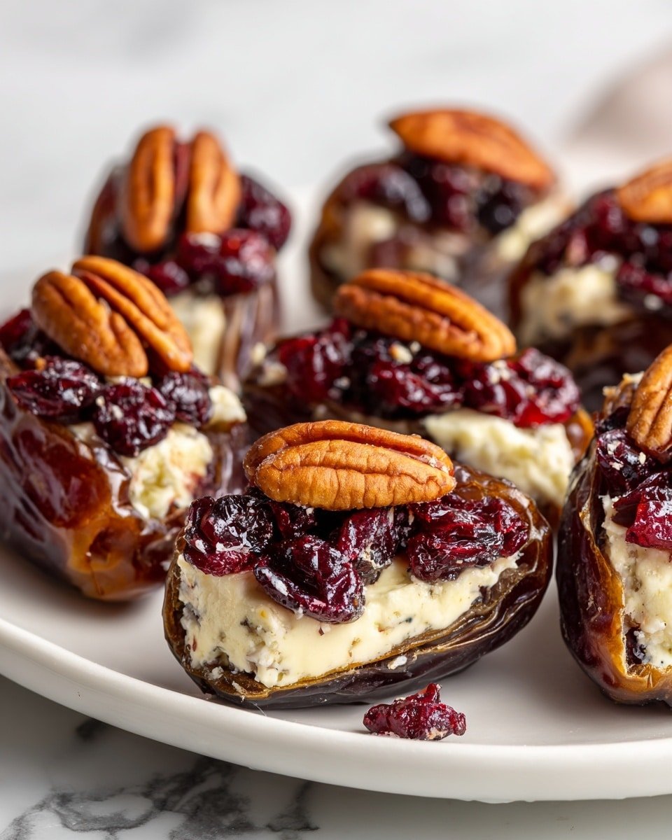 The image shows a white round plate placed on a white marbled surface, filled with eight stuffed dates arranged in close rows. Each date is deep brown with a shiny, slightly wrinkled skin and is halved lengthwise. The dates are filled with a creamy white cheese layer that looks soft and smooth. On top of the cheese, there are pieces of dark red dried cranberries scattered for texture and color contrast. Each stuffed date is topped with one whole pecan half that is golden brown and has a ridged surface. The composition is neat with a mix of glossy, creamy, and crunchy textures visible. Photo taken with an iphone --ar 4:5 --v 7 — Cranberry Pecan Cream Cheese Stuffed Dates, Stuffed Dates with Cranberries and Pecans, Festive date snack recipes, Easy stuffed dates, Elegant appetizer ideas