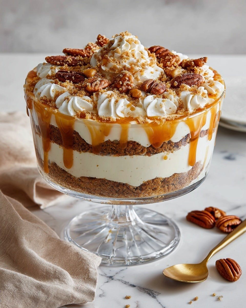 Maple Pecan & Pumpkin Cheesecake Trifle (No-Bake) Recipe - Recipe Image — Maple Pecan & Pumpkin Cheesecake Trifle, no-bake pumpkin dessert, fall cheesecake trifle, easy pumpkin dessert, seasonal autumn trifle