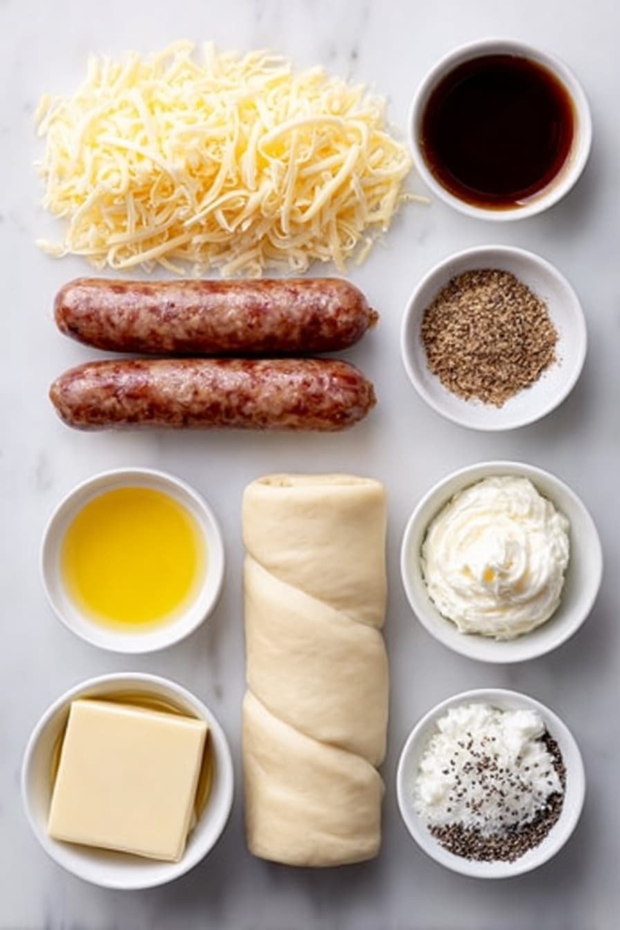 Kilted Sausage Bites with Cheesy Glaze Recipe - Ingredients Image — Kilted Sausage Bites with Cheesy Glaze, sausage appetizer ideas, party snack recipes, easy appetizer recipes, cheesy sausage bites