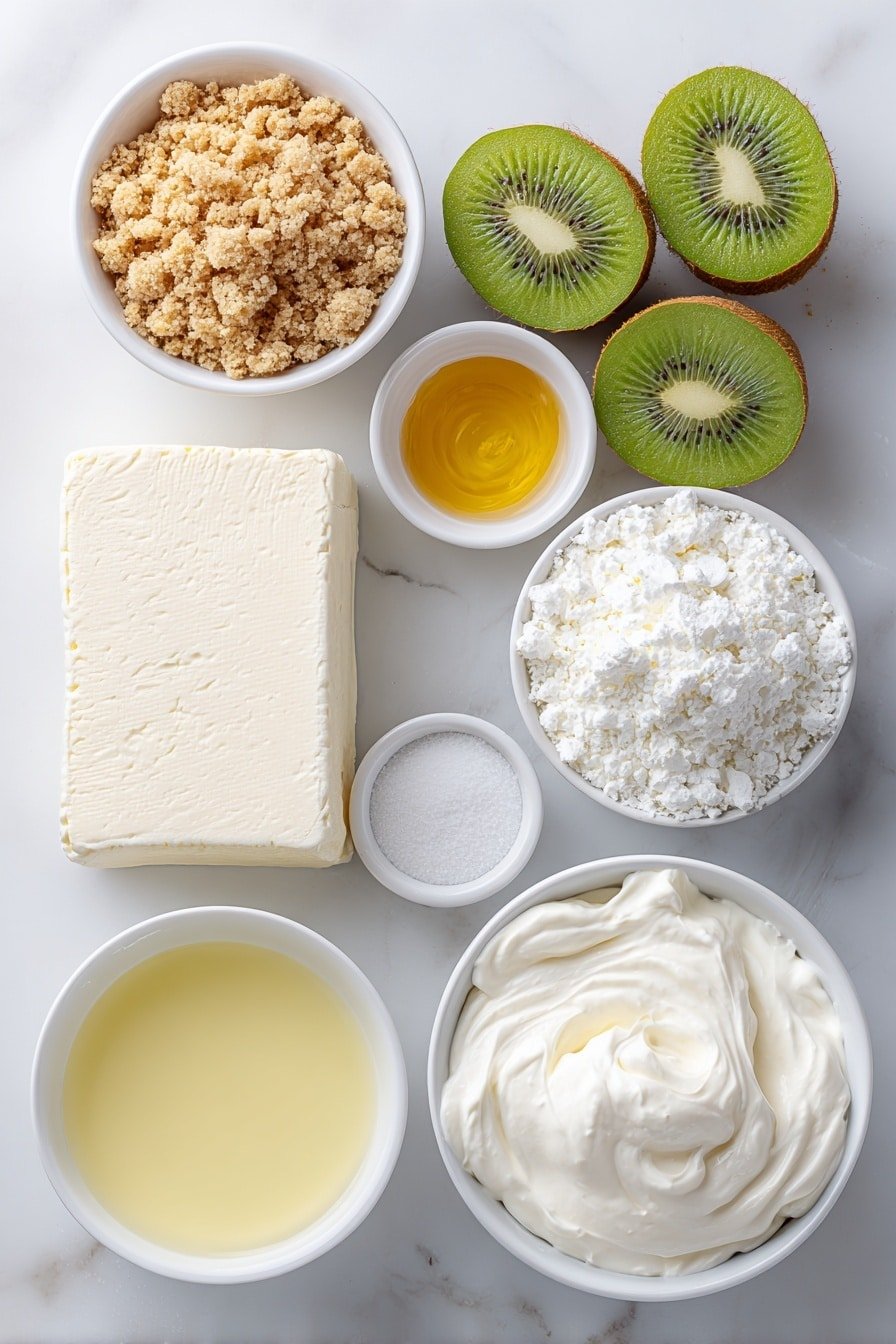Mini Key Lime Kiwi Cheesecakes Recipe - Ingredients Image — Mini Key Lime Kiwi Cheesecakes, Key Lime Kiwi Cheesecake, Fresh Fruit Cheesecake, Easy Mini Cheesecake Recipe, Citrus Kiwi Dessert
