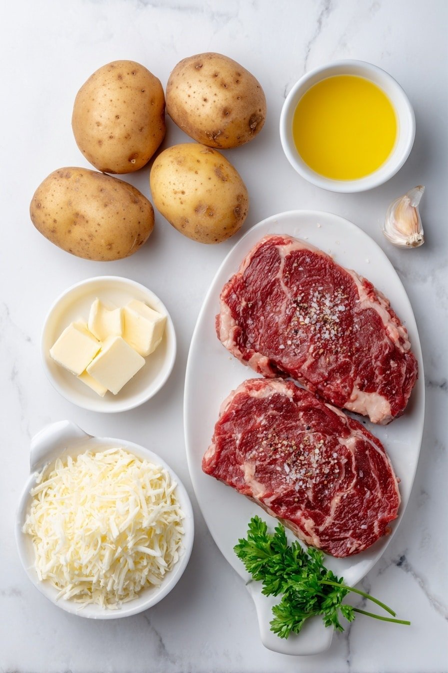 Steak Stuffed Potatoes with Parmesan Sauce Recipe - Ingredients Image — Steak Stuffed Potatoes with Parmesan Sauce, hearty steak potato dish, stuffed potato recipes, gourmet baked potatoes, savory steak and potato meal
