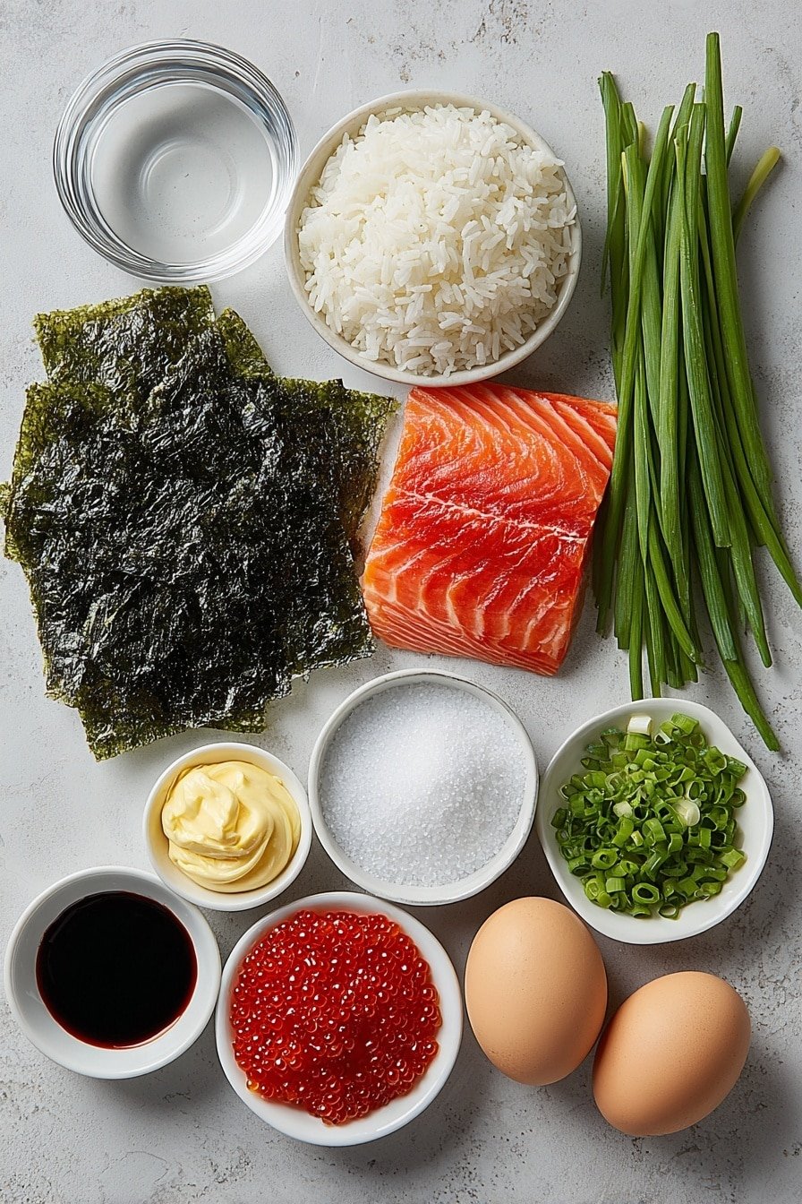 Spicy Salmon Sushi Bake Recipe - Ingredients Image — Spicy Salmon Sushi Bake, salmon sushi casserole, baked sushi with spicy mayo, sushi baked dish, easy salmon sushi bake