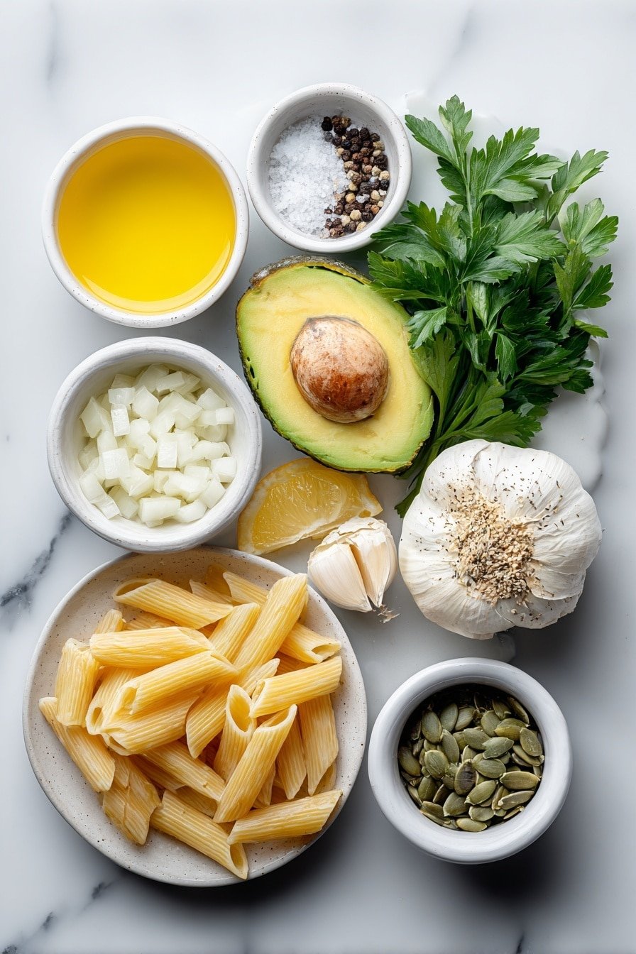 Creamy Avocado Pasta Recipe - Ingredients Image — Creamy Avocado Pasta, avocado pasta recipe, quick healthy pasta, vegan pasta dinner, easy avocado pasta