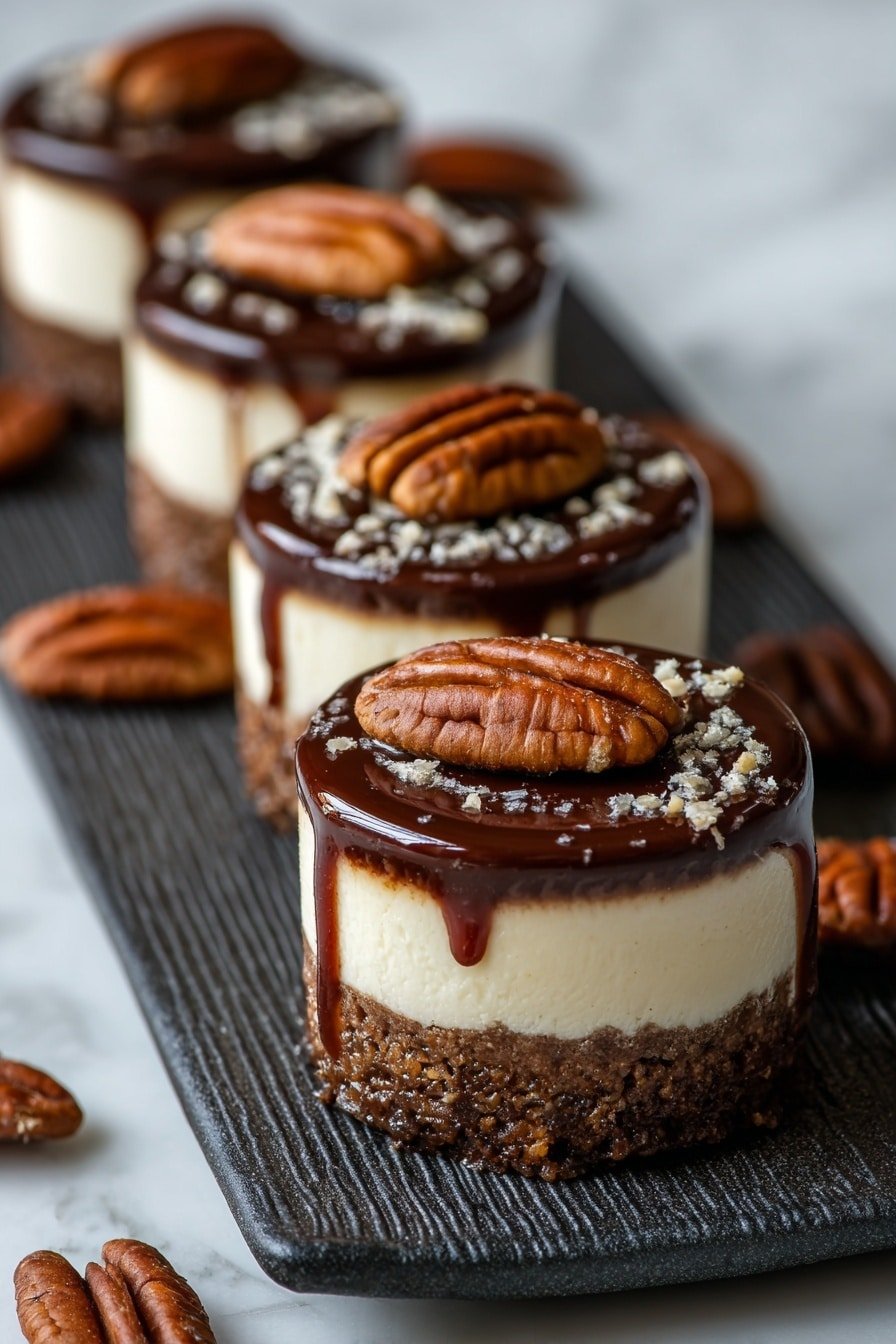 Mini Turtle Cheesecakes with Caramel and Pecan Topping Recipe - Article Image 1 — Mini Turtle Cheesecakes Caramel and Pecan Topping, Mini Turtle Cheesecakes, Cheesecake with Caramel and Pecan, Bite-sized Turtle Cheesecakes, No-Bake Mini Cheesecake Desserts