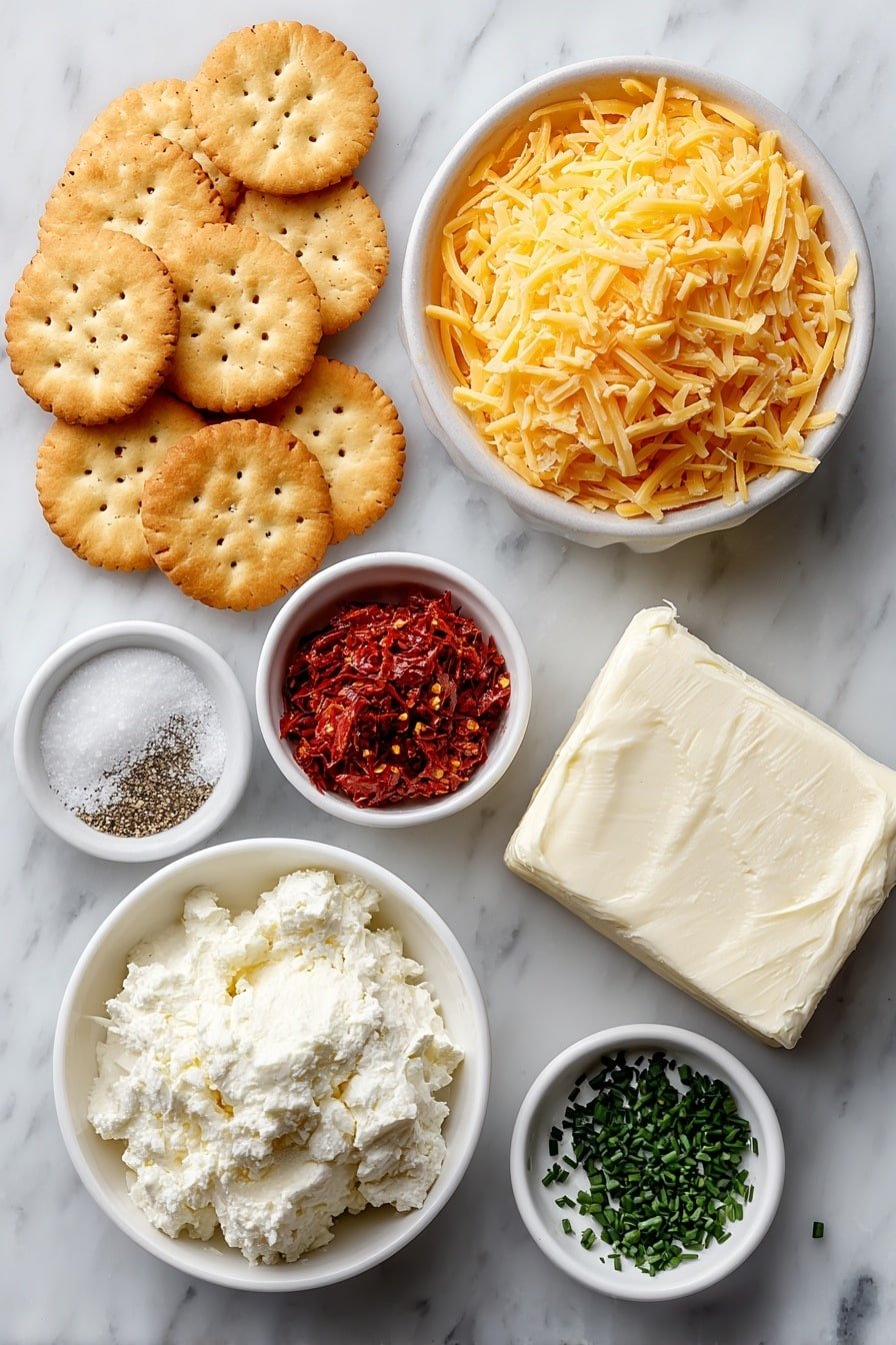 Cheesy Ritz Crackers Party Snacks Recipe - Ingredients Image — Cheesy Ritz Crackers Party Snacks, cheesy cracker appetizers, easy game day snacks, homemade cheese cracker dip, quick finger foods