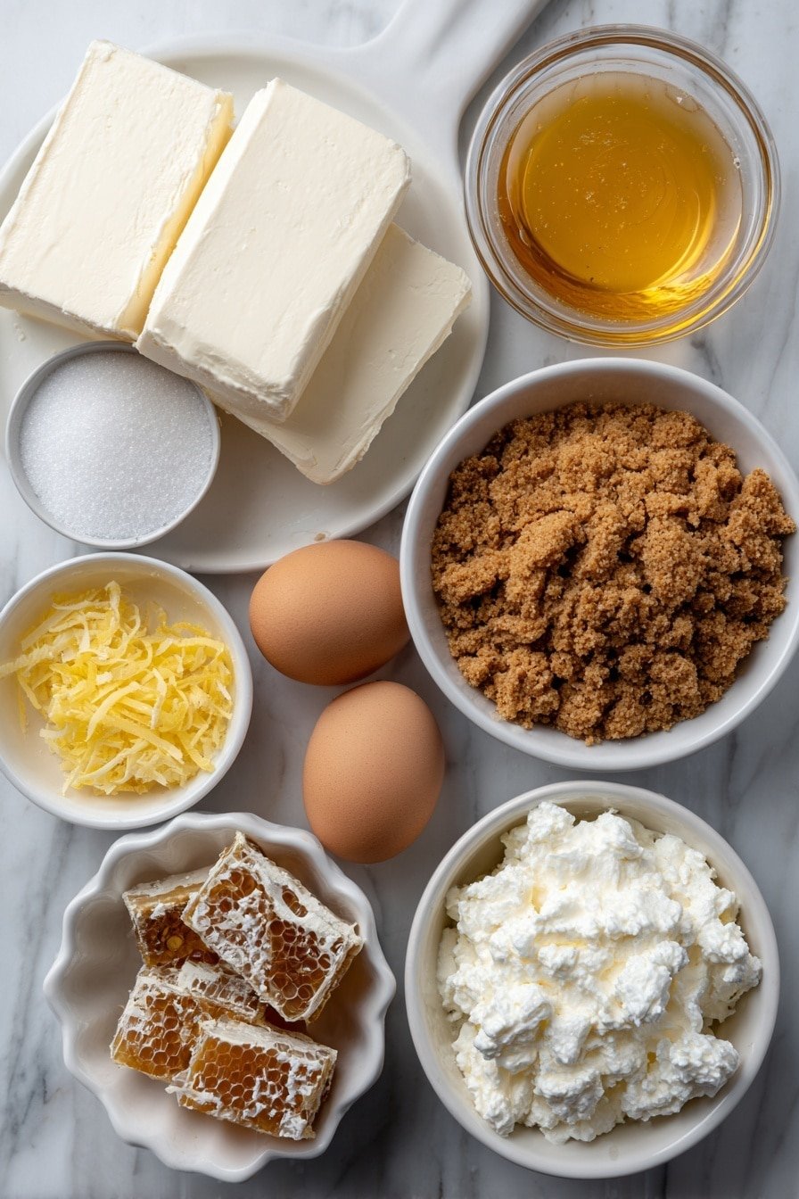 Lemon Lavender Cheesecake with Honeycomb Recipe - Ingredients Image — Lemon Lavender Cheesecake with Honeycomb, Lemon Lavender Cheesecake, Floral Lemon Cheesecake, Honeycomb Topped Cheesecake, Elegant Spring Cheesecake