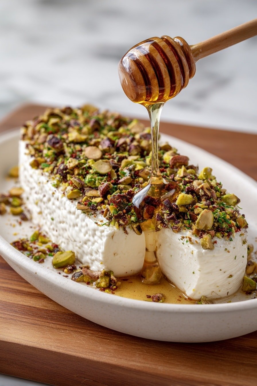 Boursin with Pistachios and Honey Dip Recipe - Article Image 2 — Boursin with Pistachios and Honey Dip, Boursin cheese appetizer, easy cheese dip recipes, herbed cheese with pistachios, honey dip appetizer