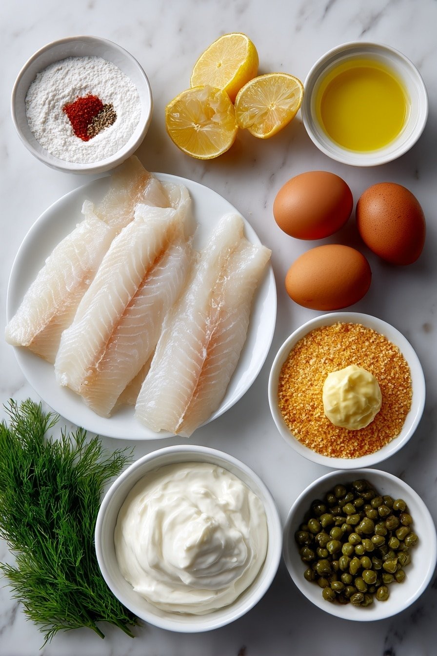 Crispy Baked Fish Sticks with Tartar Sauce Recipe - Ingredients Image — Crispy Baked Fish Sticks with Tartar Sauce, healthy baked fish sticks, homemade tartar sauce, crispy fish recipes, easy fish stick dinner