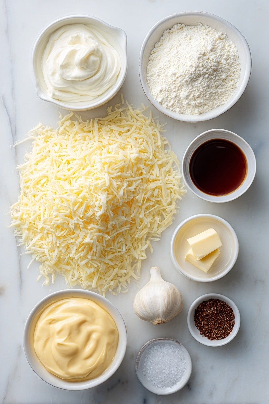 Creamy White Cheddar Cheese Fondue Recipe - Ingredients Image — Creamy White Cheddar Cheese Fondue, cheese fondue recipe, melted cheese dip, cozy appetizer, gooey cheese dip for entertaining