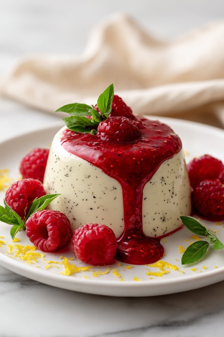 Lemon Basil Panna Cotta with Raspberry Sauce Recipe - Article Image 1 — Lemon Basil Panna Cotta, Lemon Basil Panna Cotta with Raspberry Sauce, Elegant dessert recipes, Easy panna cotta ideas, Refreshing berry desserts