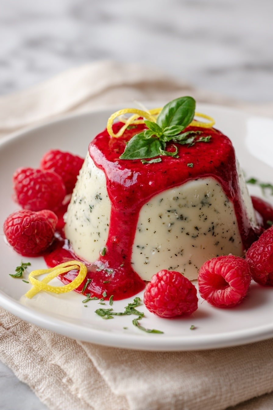 Lemon Basil Panna Cotta with Raspberry Sauce Recipe - Article Image 2 — Lemon Basil Panna Cotta, Lemon Basil Panna Cotta with Raspberry Sauce, Elegant dessert recipes, Easy panna cotta ideas, Refreshing berry desserts