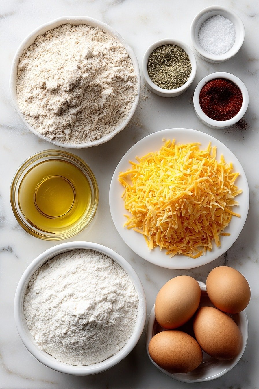 Cheese Crackers Recipe - Ingredients Image — Cheese Crackers, homemade cheese crackers, cheesy snack recipes, easy cheese cracker recipe, savory cracker snacks